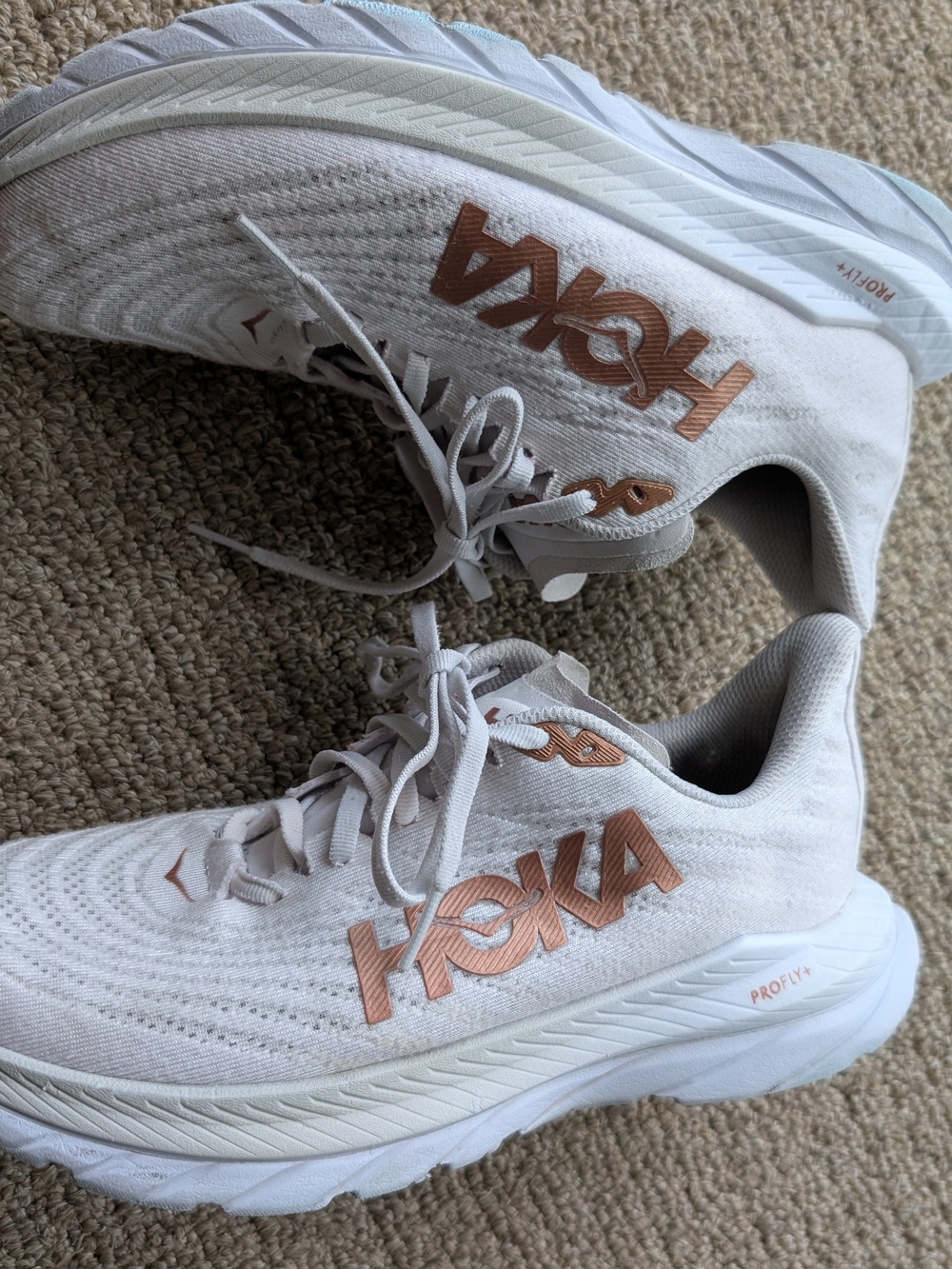 HOKA Women's White Running Shoes with Rose Gold Logo